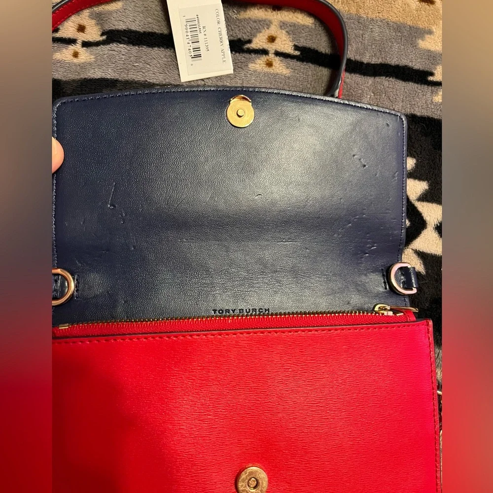 Tory Burch NWT Red and Navy Leather Wallet in Chain  Crossbody Bag - Picture 6 of 15